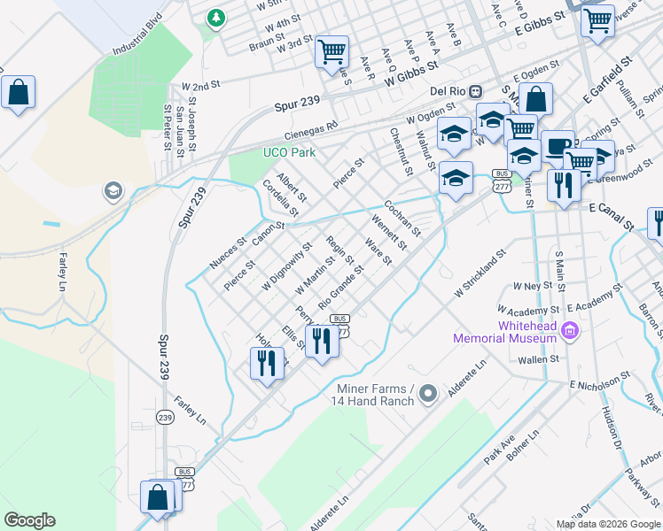 map of restaurants, bars, coffee shops, grocery stores, and more near 1006 West Martin Street in Del Rio