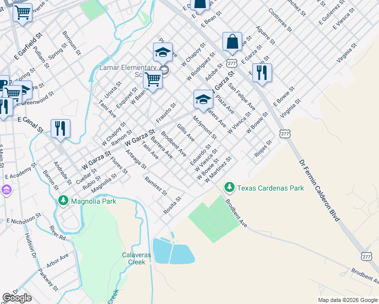 map of restaurants, bars, coffee shops, grocery stores, and more near 301 West Gutierrez Street in Del Rio