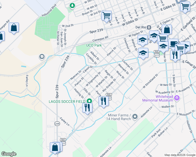 map of restaurants, bars, coffee shops, grocery stores, and more near 1106 West Dignowity Street in Del Rio