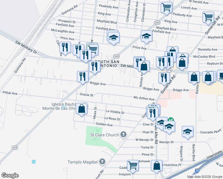 map of restaurants, bars, coffee shops, grocery stores, and more near 272 Briggs Avenue in San Antonio