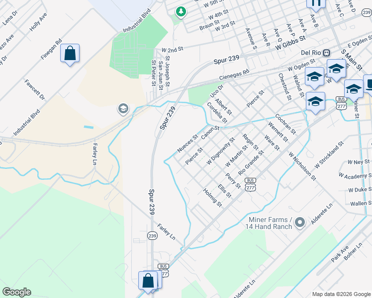 map of restaurants, bars, coffee shops, grocery stores, and more near 1405 Pierce Street in Del Rio