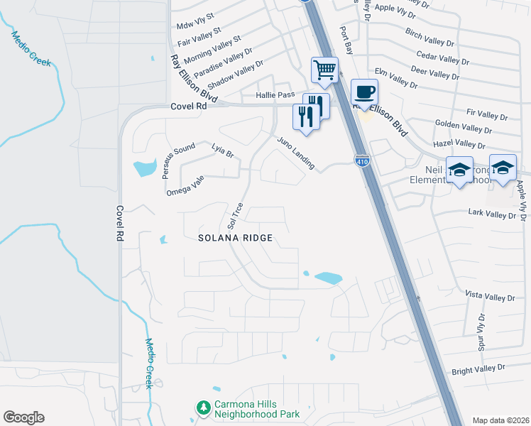map of restaurants, bars, coffee shops, grocery stores, and more near 7114 Aldebaran Sun in San Antonio