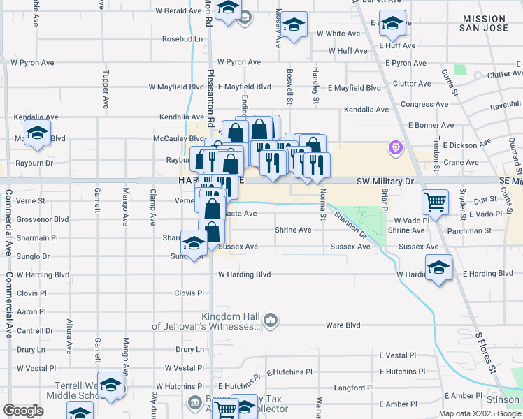 map of restaurants, bars, coffee shops, grocery stores, and more near 151 Shasta Avenue in San Antonio