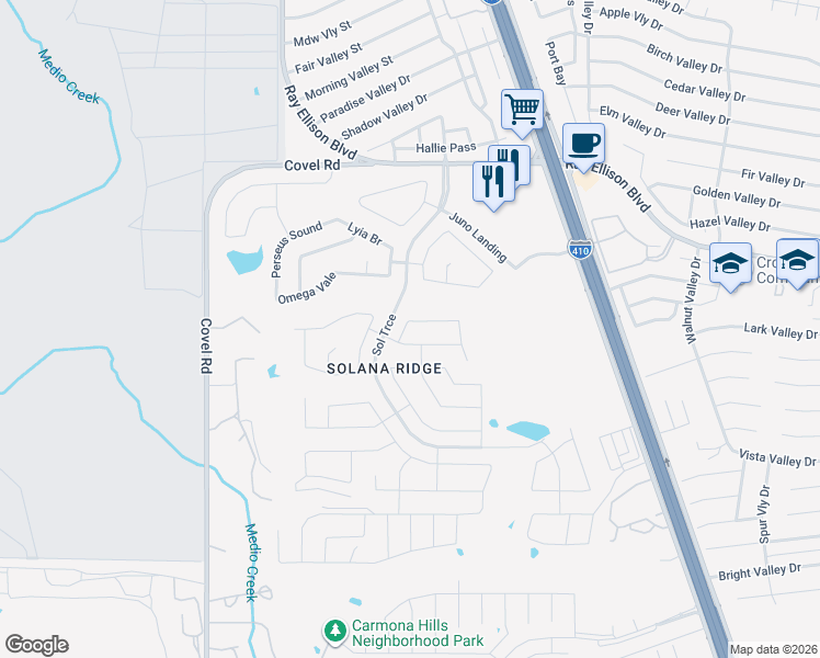 map of restaurants, bars, coffee shops, grocery stores, and more near 7222 Aldebaran Sun in San Antonio