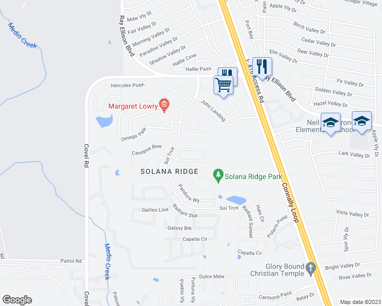 map of restaurants, bars, coffee shops, grocery stores, and more near 7114 Aldebaran Sun in San Antonio
