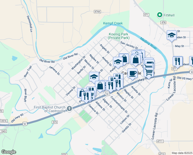 map of restaurants, bars, coffee shops, grocery stores, and more near 912 Houston Street in Castroville