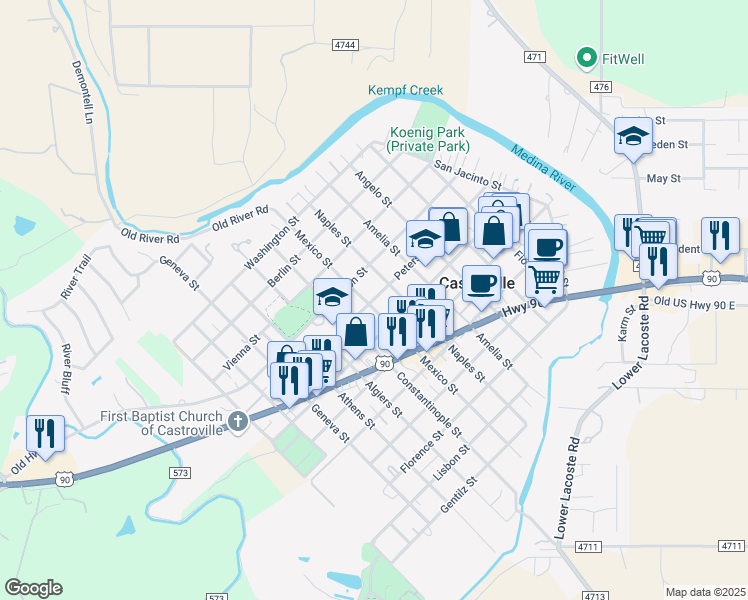 map of restaurants, bars, coffee shops, grocery stores, and more near 816 Petersburg Street in Castroville