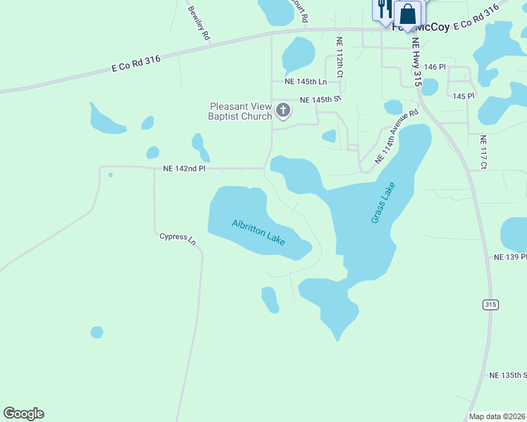 map of restaurants, bars, coffee shops, grocery stores, and more near 14120 Northeast 110th Avenue Road in Fort McCoy