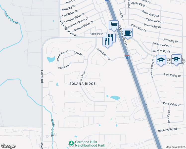 map of restaurants, bars, coffee shops, grocery stores, and more near 7202 Aldebaran Sun in San Antonio