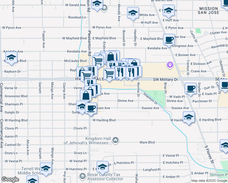 map of restaurants, bars, coffee shops, grocery stores, and more near 151 Shasta Avenue in San Antonio