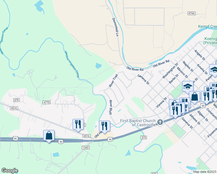 map of restaurants, bars, coffee shops, grocery stores, and more near 123 River Trail in Castroville