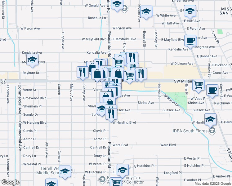 map of restaurants, bars, coffee shops, grocery stores, and more near 2418 Pleasanton Road in San Antonio