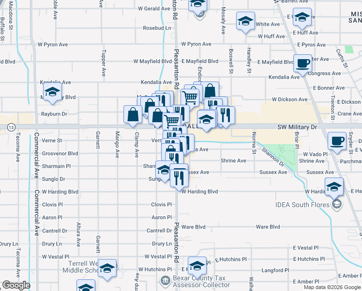 map of restaurants, bars, coffee shops, grocery stores, and more near 2418 Pleasanton Rd in San Antonio