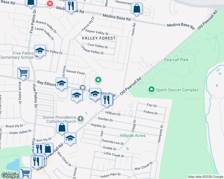map of restaurants, bars, coffee shops, grocery stores, and more near 5415 Ray Ellison Boulevard in San Antonio