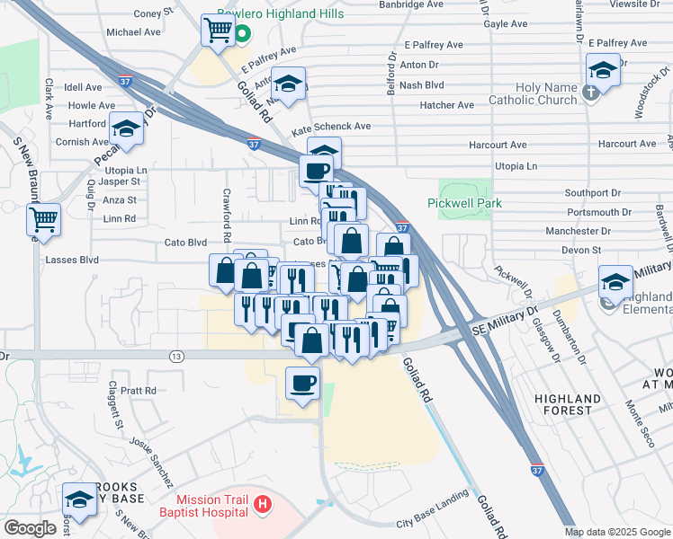 map of restaurants, bars, coffee shops, grocery stores, and more near 3350 Lasses Boulevard in San Antonio
