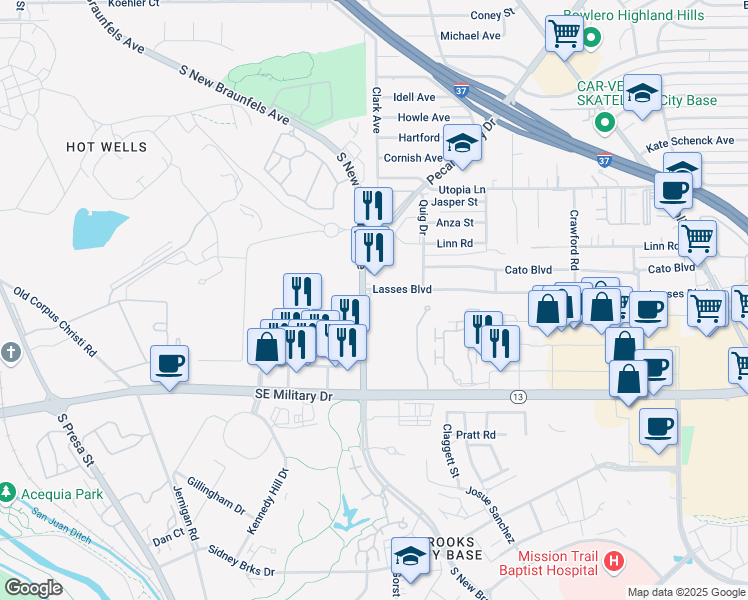 map of restaurants, bars, coffee shops, grocery stores, and more near 7118 South New Braunfels Avenue in San Antonio