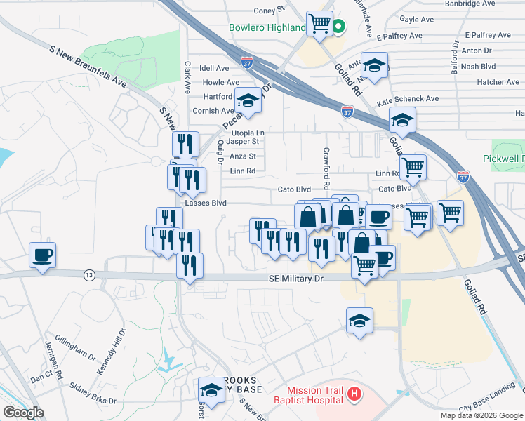 map of restaurants, bars, coffee shops, grocery stores, and more near 3007 Southeast Military Drive in San Antonio