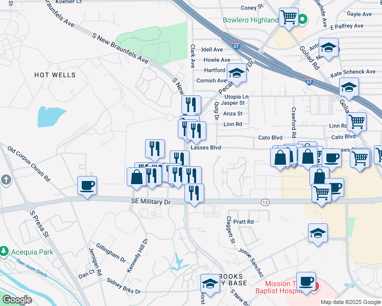 map of restaurants, bars, coffee shops, grocery stores, and more near 7118 South New Braunfels Avenue in San Antonio