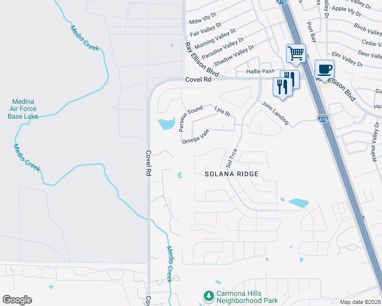 map of restaurants, bars, coffee shops, grocery stores, and more near 7439 Canopus Bow in San Antonio