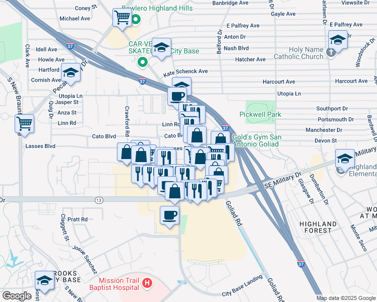 map of restaurants, bars, coffee shops, grocery stores, and more near 3350 Lasses Boulevard in San Antonio
