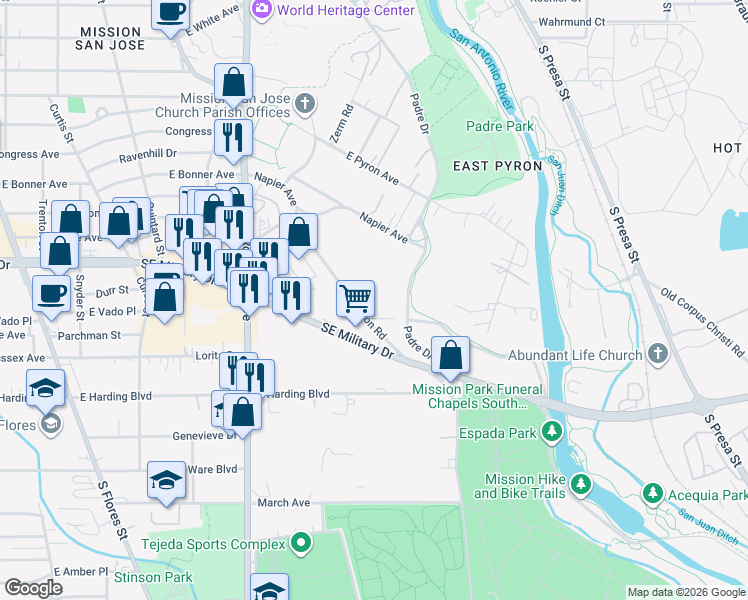map of restaurants, bars, coffee shops, grocery stores, and more near 3502 Mission Road in San Antonio