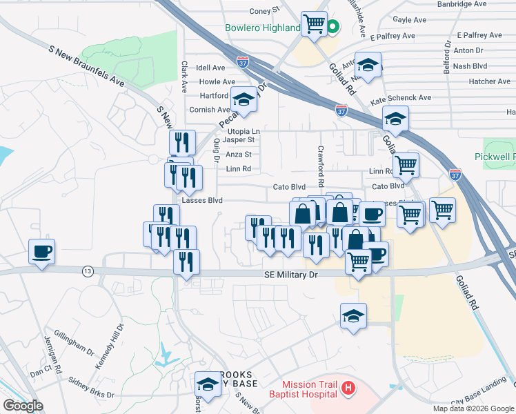map of restaurants, bars, coffee shops, grocery stores, and more near 3007 Southeast Military Drive in San Antonio
