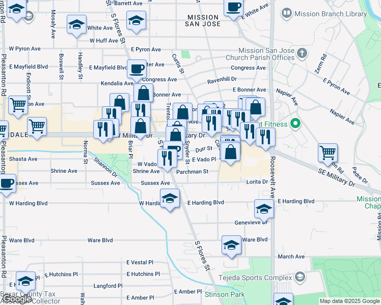 map of restaurants, bars, coffee shops, grocery stores, and more near 135 East Vado Place in San Antonio