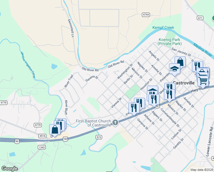 map of restaurants, bars, coffee shops, grocery stores, and more near 1301 Washington Street in Castroville