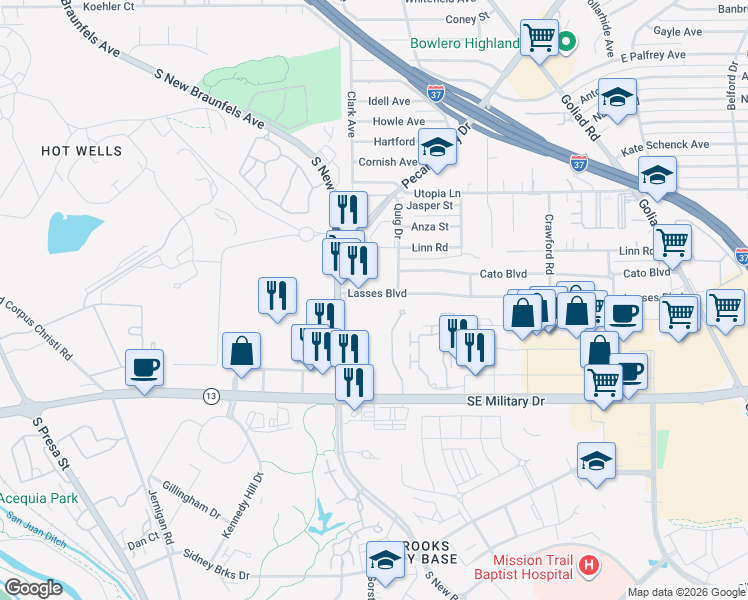 map of restaurants, bars, coffee shops, grocery stores, and more near 7202 Hanzi Drive in San Antonio