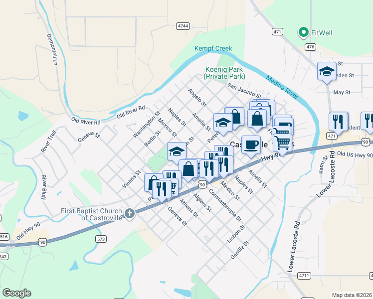 map of restaurants, bars, coffee shops, grocery stores, and more near 912 Houston Street in Castroville
