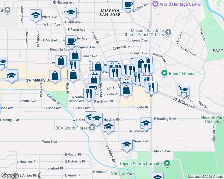 map of restaurants, bars, coffee shops, grocery stores, and more near 231 East Vado in San Antonio