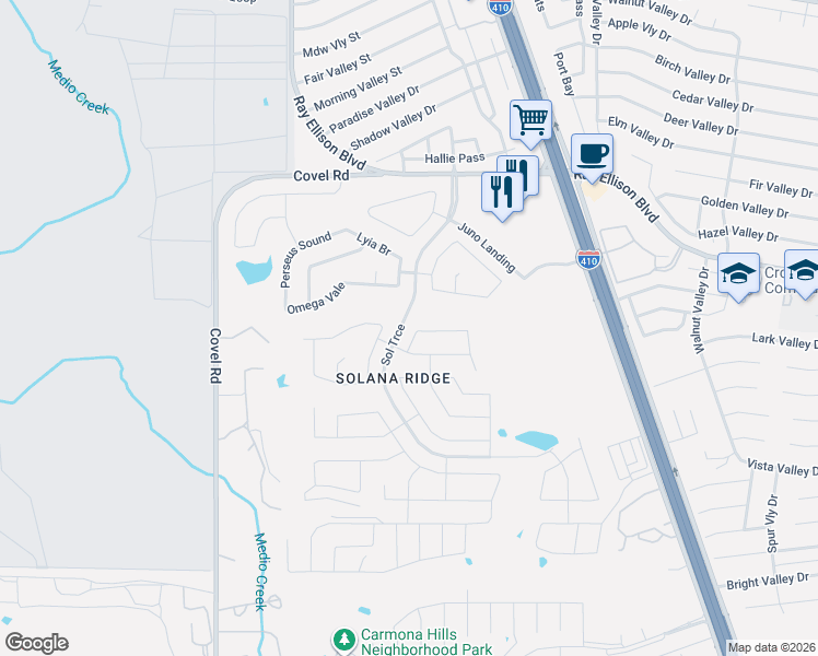 map of restaurants, bars, coffee shops, grocery stores, and more near 7222 Aldebaran Sun in San Antonio