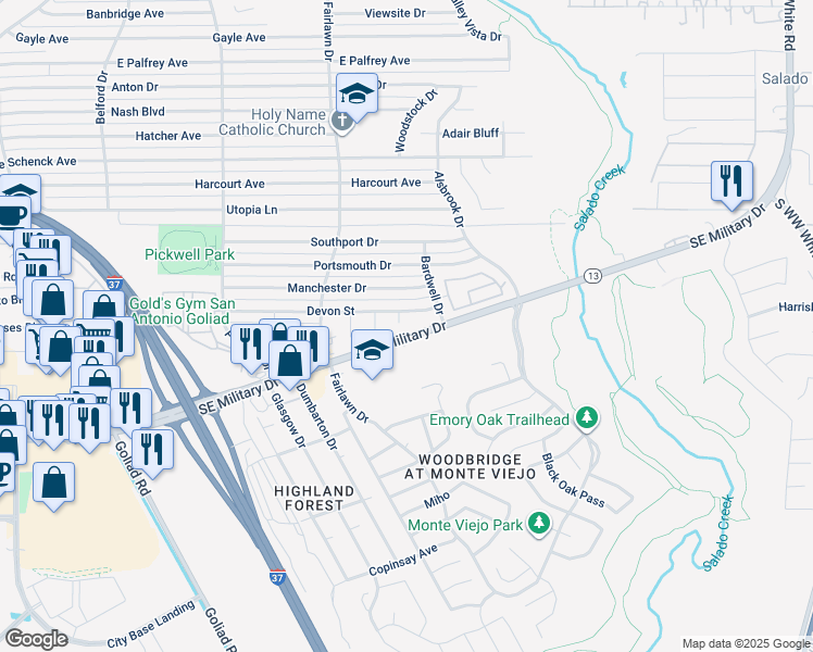 map of restaurants, bars, coffee shops, grocery stores, and more near 7114 Irby Street in San Antonio