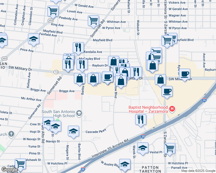 map of restaurants, bars, coffee shops, grocery stores, and more near 2810 Southwest Military Drive in San Antonio