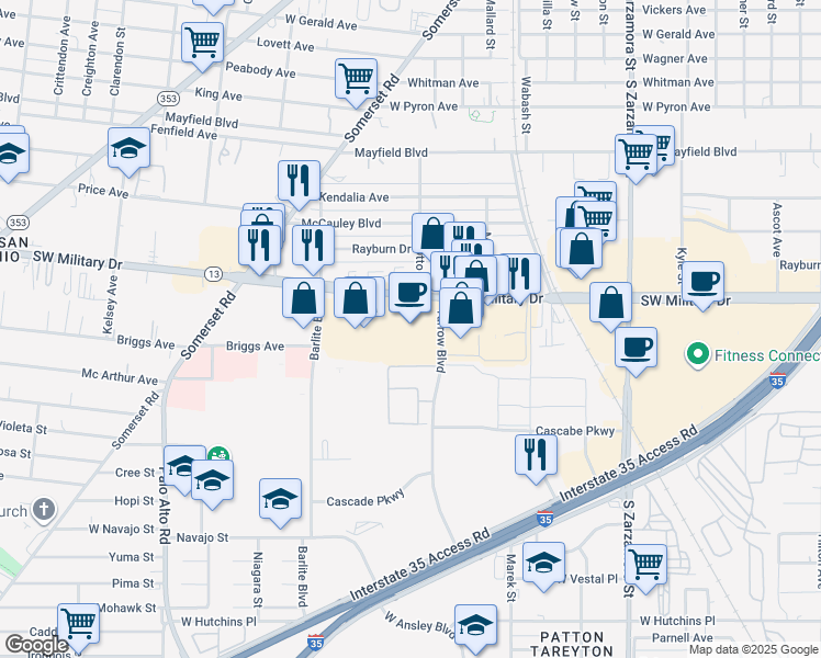 map of restaurants, bars, coffee shops, grocery stores, and more near 2810 Southwest Military Drive in San Antonio