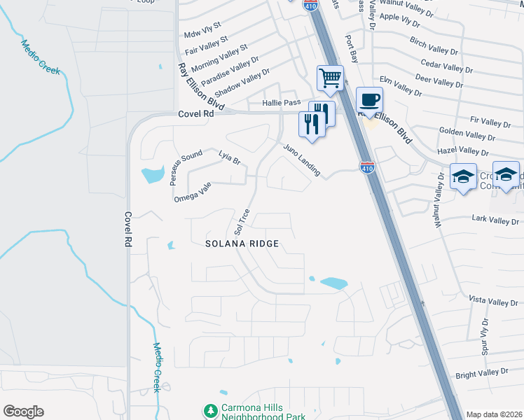 map of restaurants, bars, coffee shops, grocery stores, and more near 7222 Aldebaran Sun in San Antonio
