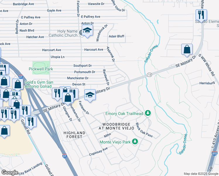 map of restaurants, bars, coffee shops, grocery stores, and more near 4001 Southeast Military Drive in San Antonio