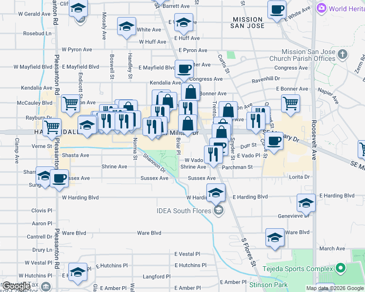 map of restaurants, bars, coffee shops, grocery stores, and more near 7226 Briar Place in San Antonio