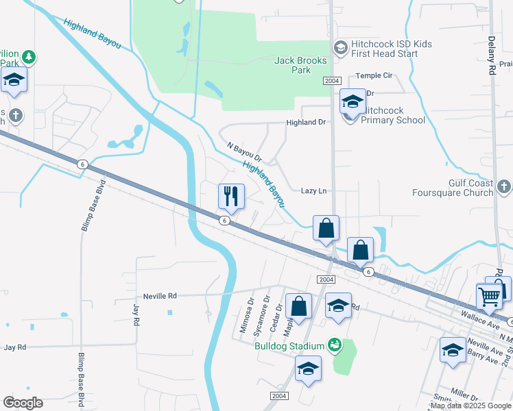 map of restaurants, bars, coffee shops, grocery stores, and more near 9214 Highway 6 in Hitchcock