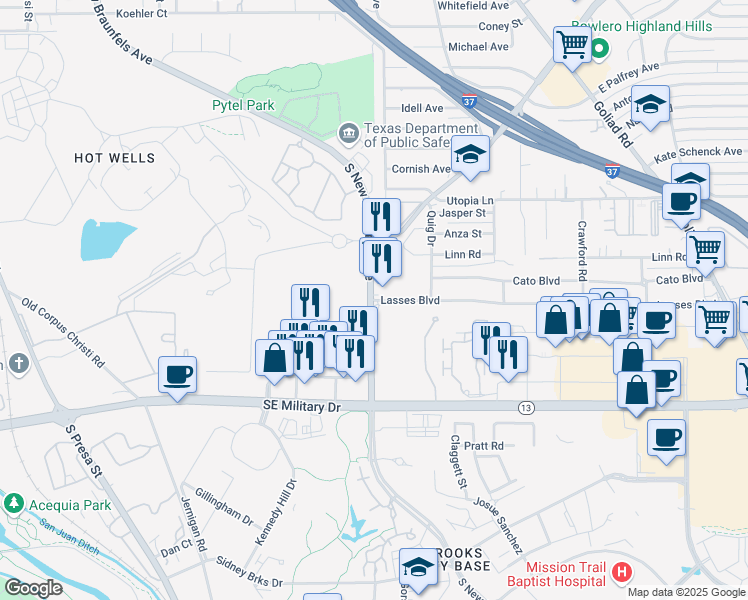 map of restaurants, bars, coffee shops, grocery stores, and more near 7118 South New Braunfels Avenue in San Antonio