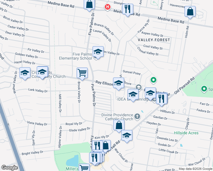 map of restaurants, bars, coffee shops, grocery stores, and more near 5914 Campus Park in San Antonio