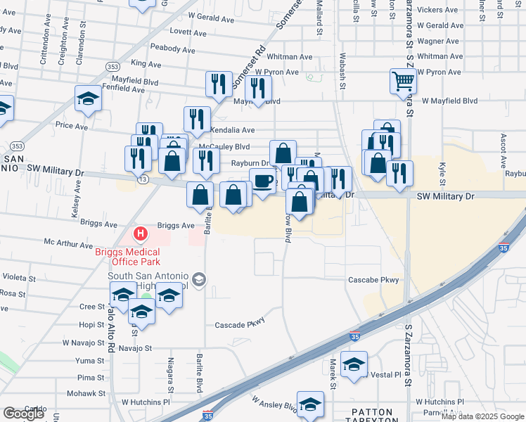 map of restaurants, bars, coffee shops, grocery stores, and more near 2810 Southwest Military Drive in San Antonio