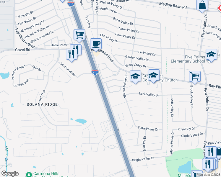map of restaurants, bars, coffee shops, grocery stores, and more near 6818 Freedom Hills in San Antonio