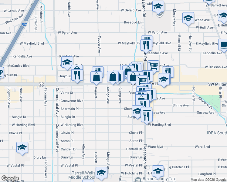 map of restaurants, bars, coffee shops, grocery stores, and more near 323 Verne Street in San Antonio