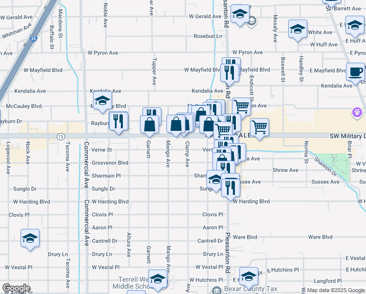 map of restaurants, bars, coffee shops, grocery stores, and more near 321 Verne Street in San Antonio