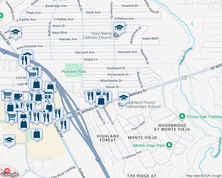 map of restaurants, bars, coffee shops, grocery stores, and more near 3806 Manchester Drive in San Antonio