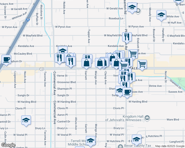 map of restaurants, bars, coffee shops, grocery stores, and more near 1114 Southwest Military Drive in San Antonio