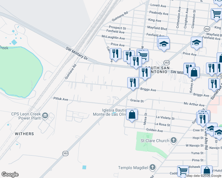 map of restaurants, bars, coffee shops, grocery stores, and more near 518 Briggs Avenue in San Antonio