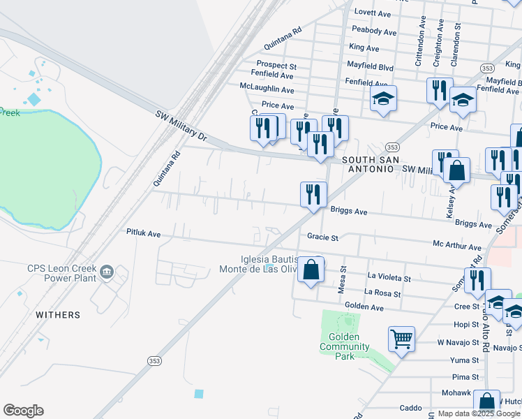 map of restaurants, bars, coffee shops, grocery stores, and more near 529 Briggs Avenue in San Antonio