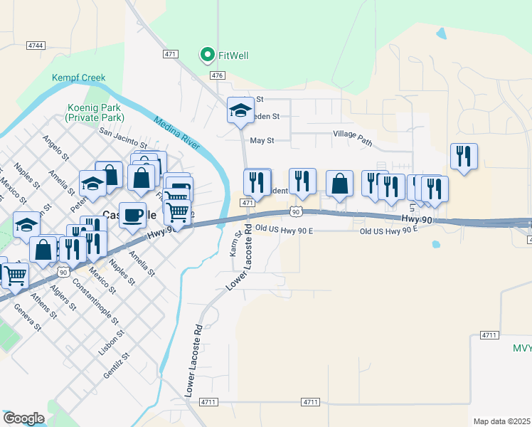 map of restaurants, bars, coffee shops, grocery stores, and more near 203 U.S. 90 in Castroville
